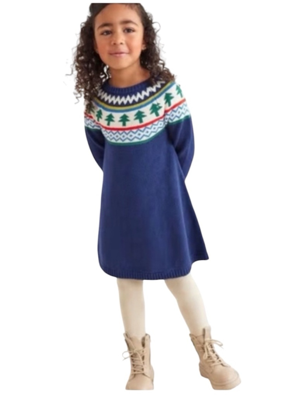 Hanna Anderson girls long sleeve winter trees fair isle navy sweater dress 10
